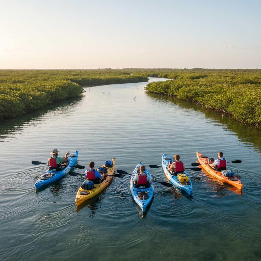 Happy family paddling on Kayak Tours Bonita Springs FL near mangroves