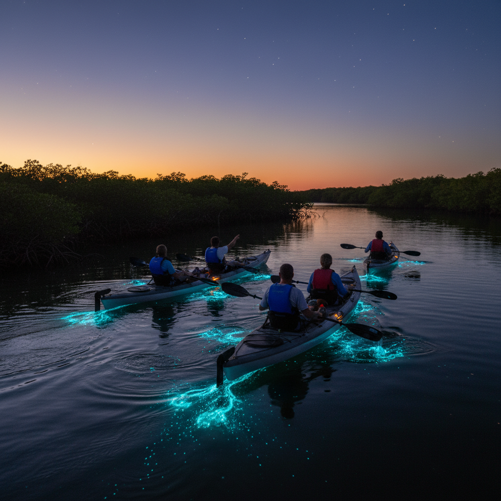Kayakers paddling during a beautiful sunset in Bonita Springs