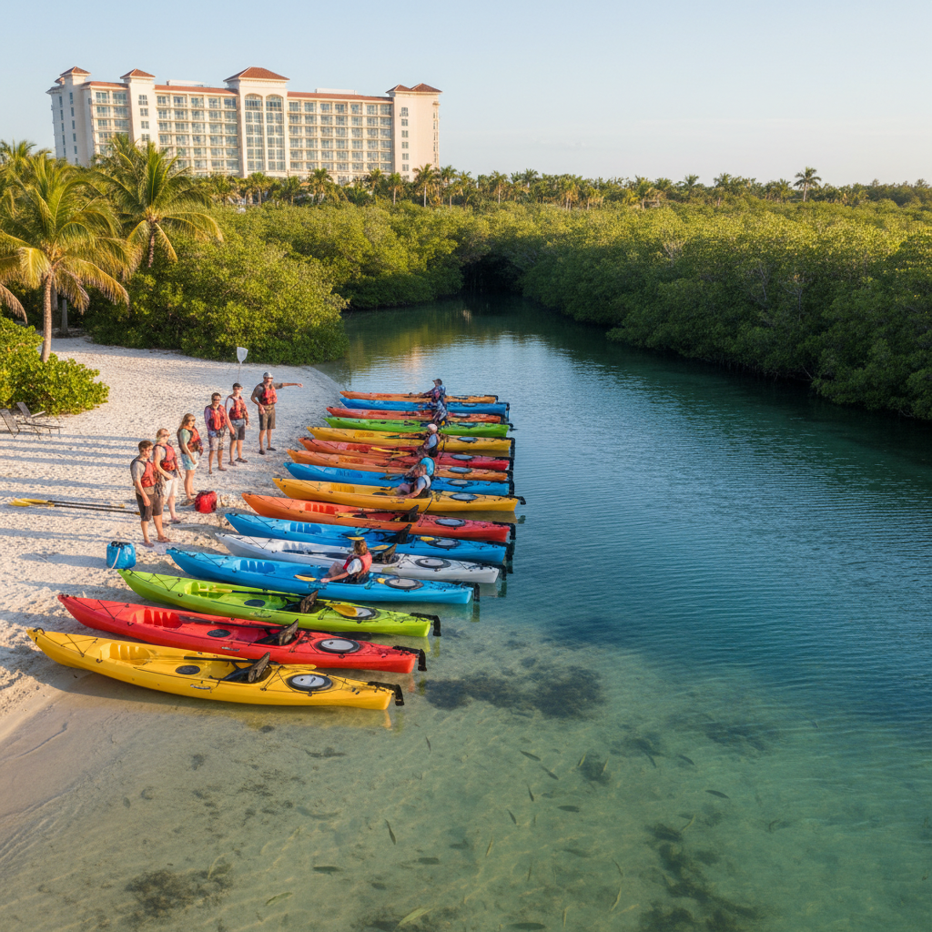 Kayakers paddling through calm waters near Hyatt Regency Coconut Point