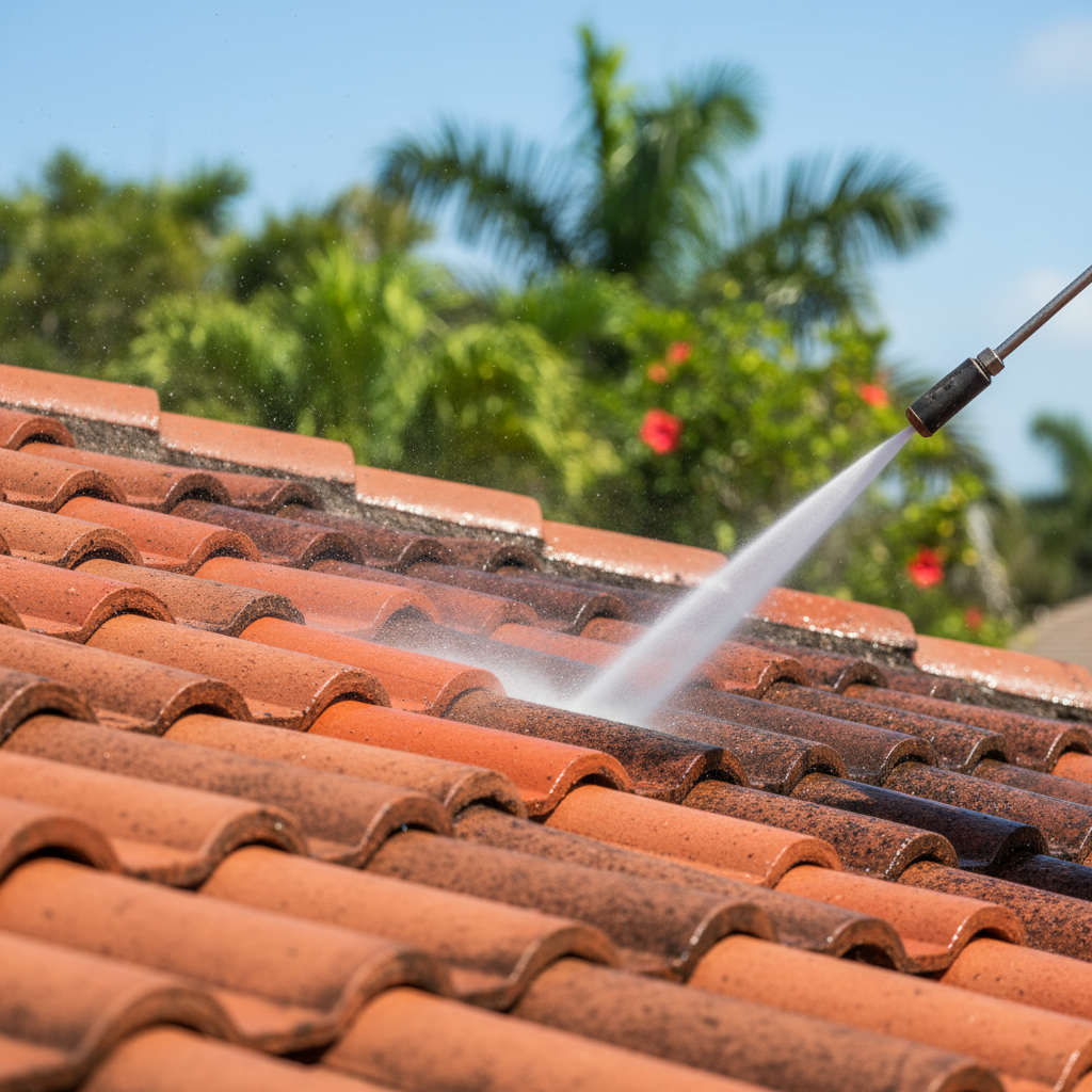 Tile Roof Cleaning Services in Naples FL showing clean versus dirty tiles