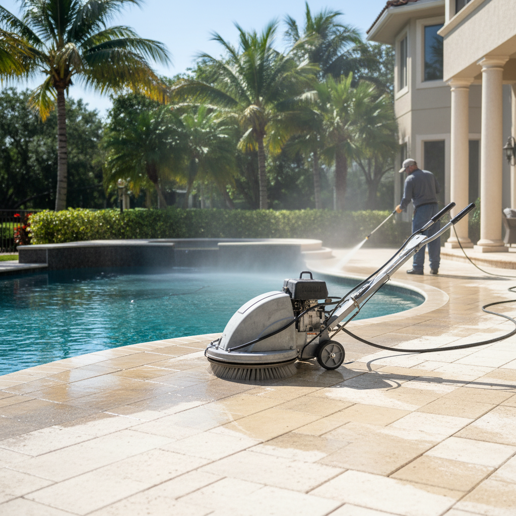 Professional Pool Deck Cleaning Services in Naples FL showing pristine clean pavers