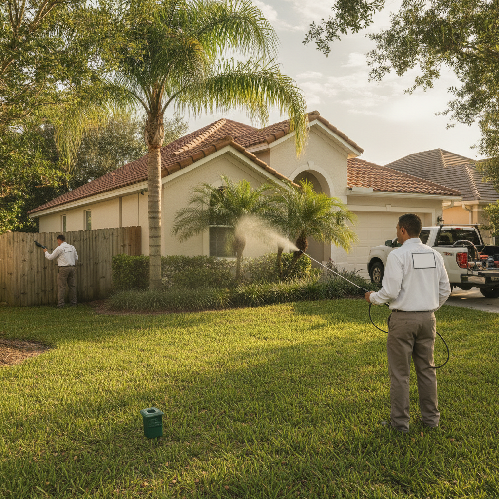 A professional pest control technician in a clean uniform inspecting the exterior foundation of an Orlando, Florida home for termites, with a service vehicle parked in the driveway.
