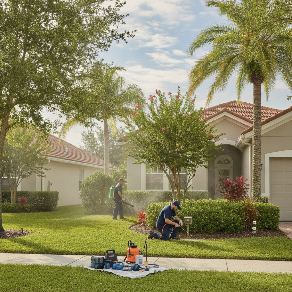 A licensed pest control technician in a professional uniform inspecting the exterior foundation of an Orlando FL home for termite activity, with a clean service vehicle parked in the driveway.