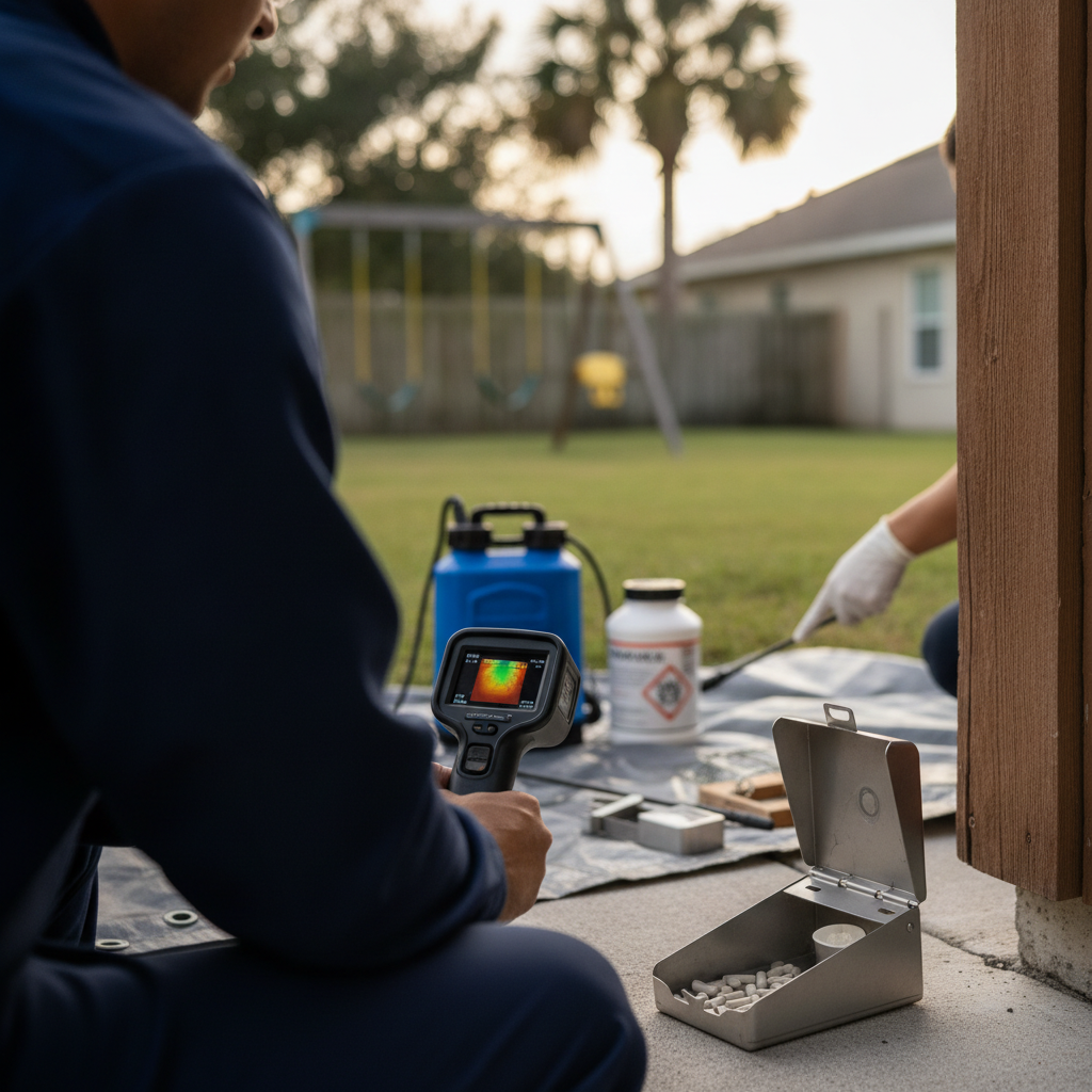 A close-up of a professional pest control technician applying a precise, protective barrier treatment around the patio and pool screen enclosure of a suburban Orlando home.