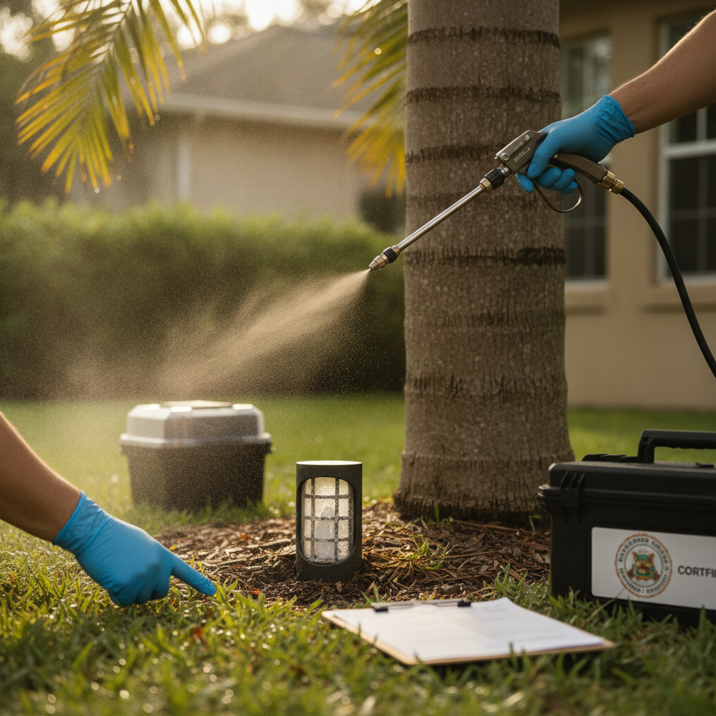 A close-up of a technician applying a protective liquid termite barrier treatment along the exterior concrete foundation of a residential property in Orlando, Florida. Aspect ratio 4:3.