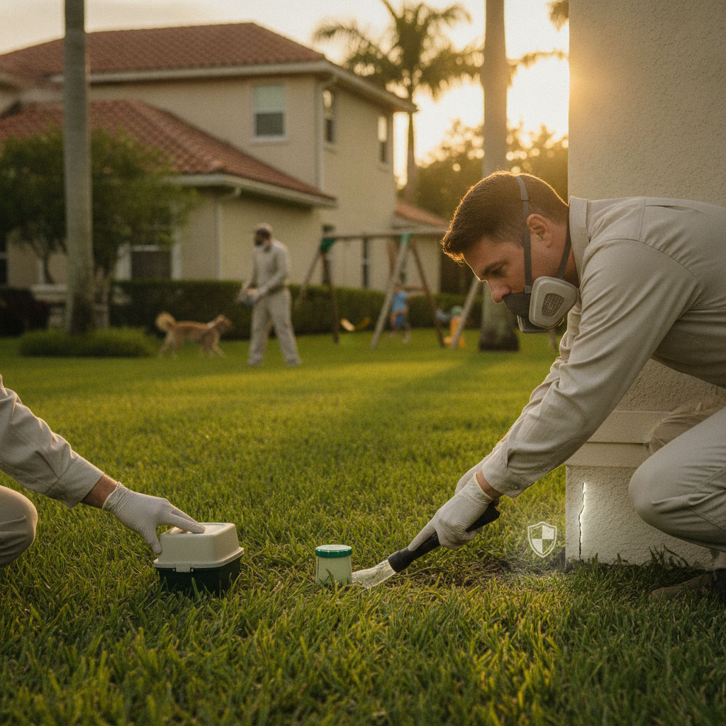 A professional pest control technician in Orlando inspecting a residential roofline for rodent entry points, wearing a service uniform with a service van parked in the driveway.