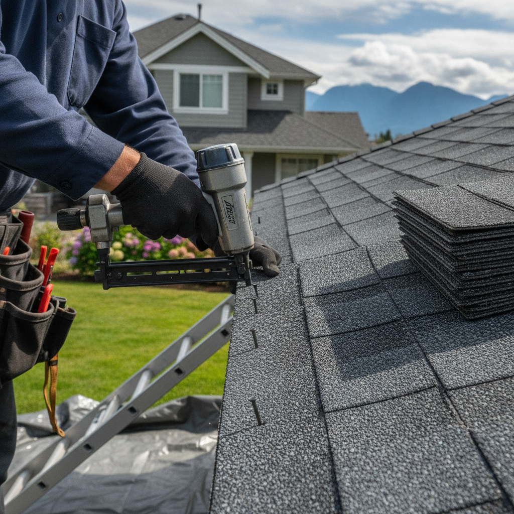 A close-up of newly installed, clean cedar shingles on a Vancouver home, showcasing precise alignment, proper flashing, and high-quality West Coast craftsmanship.