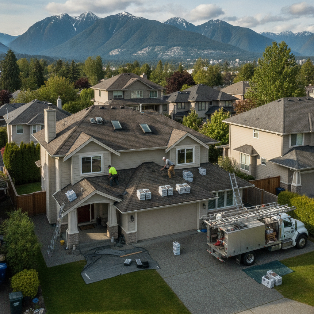 A professional roofer in safety gear carefully repairing damaged asphalt shingles on a residential home in Vancouver, BC, with a service truck parked in the driveway.