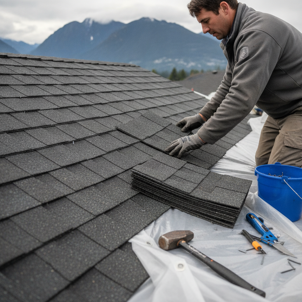 Close-up of a clean, newly repaired roof section on a Vancouver home, showing perfectly aligned shingles and professional flashing around a chimney.