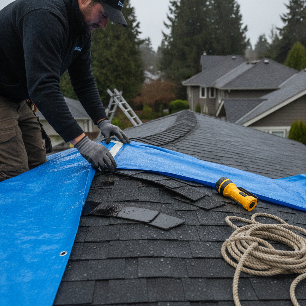 Close-up of a professional roofer repairing damaged flashing around a chimney on a residential home in Vancouver, ensuring a watertight seal.
