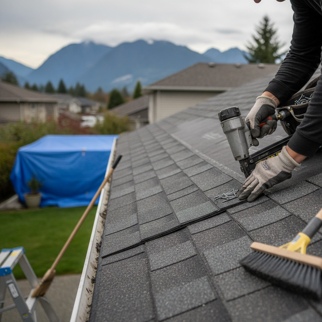 Close-up of a clean, newly installed grey architectural shingle roof on a Vancouver home, showcasing professional flashing and clean valley lines.