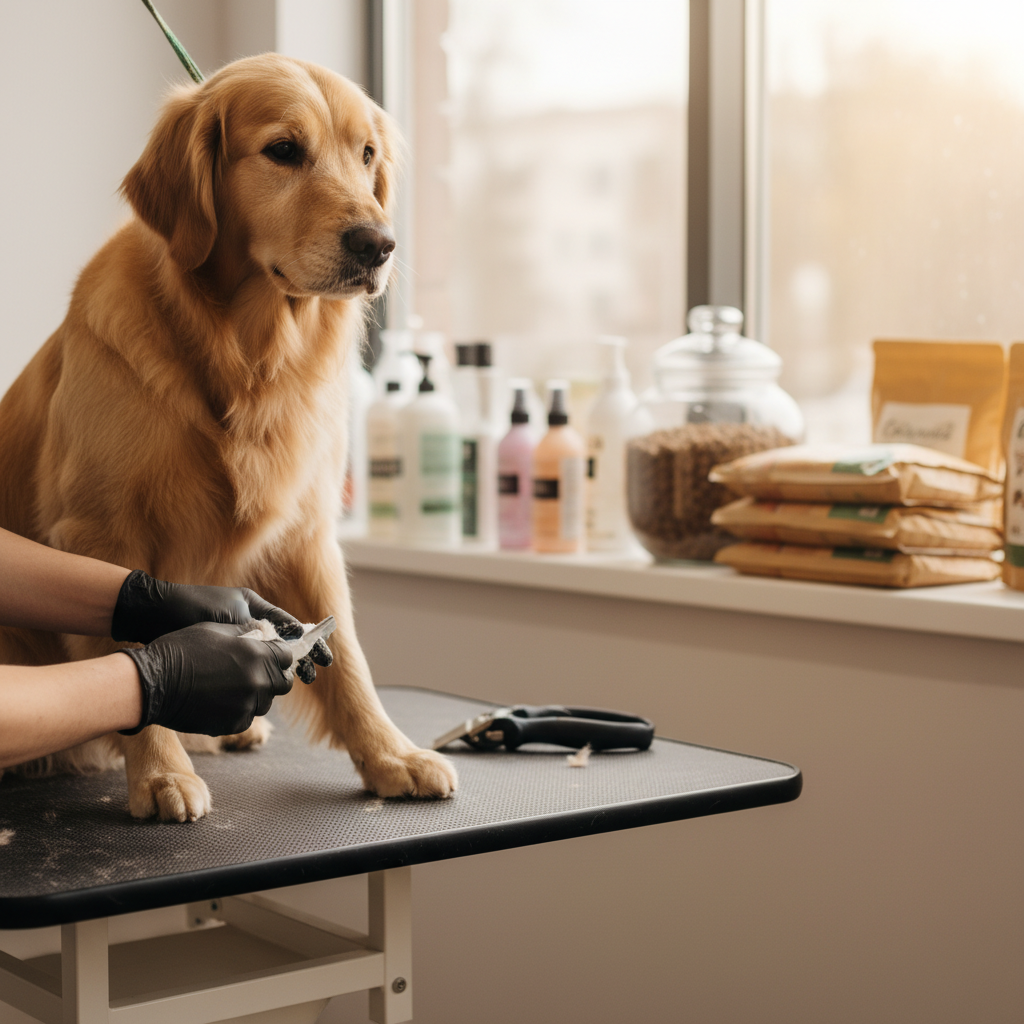 Happy dog receiving grooming services from professional stylist in Estero