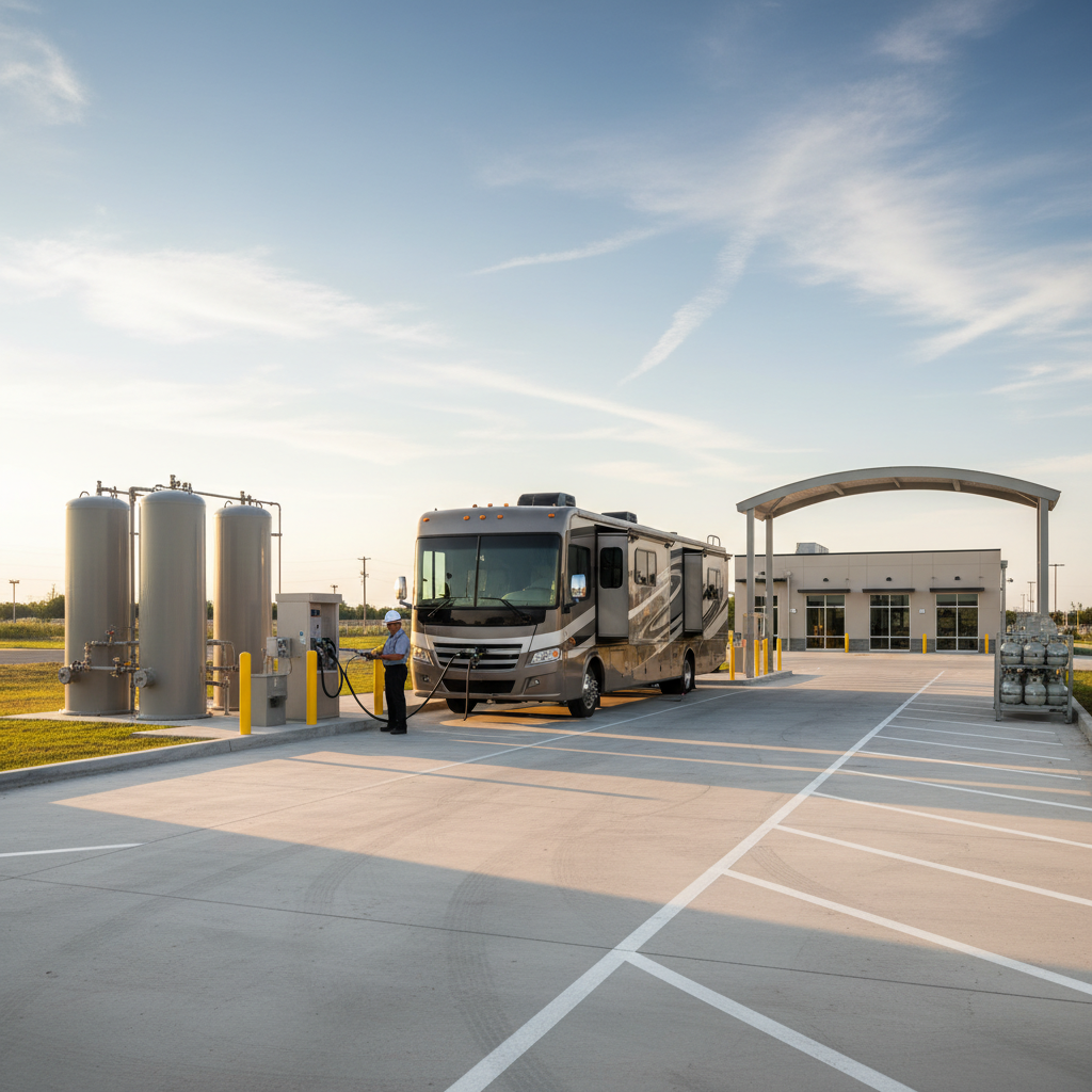 RV pulling into a propane refill station just south of Pines Boulevard