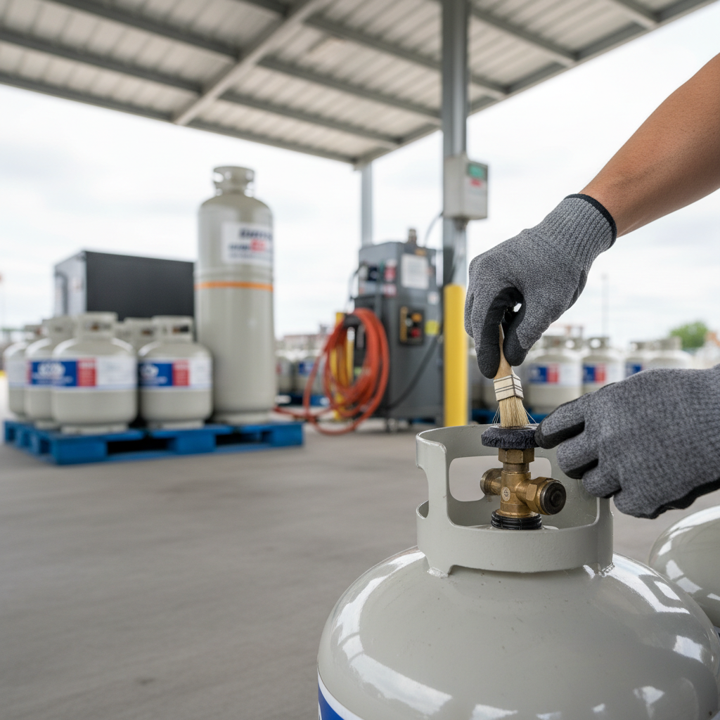 Technician performing a safe Rv Propane Tank Fill up on a motorhome
