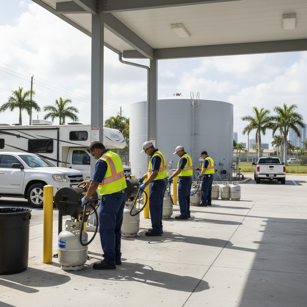 Staff member assisting a customer to Buy Propane Tank Hollywood FL at a certified station