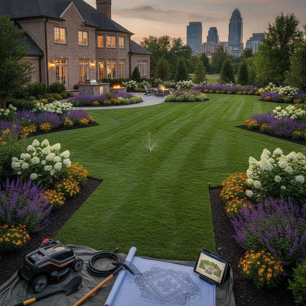 A professionally designed backyard in Charlotte, NC featuring clean-edged mulch beds, vibrant green turf grass, and a variety of native shrubs and ornamental trees in front of a modern brick home.