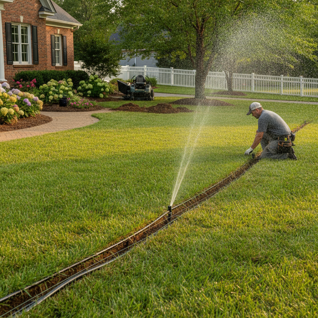 A professional technician adjusting a newly installed lawn sprinkler head on a vibrant green lawn in a Charlotte residential neighborhood, with a clean service vehicle parked in the background.
