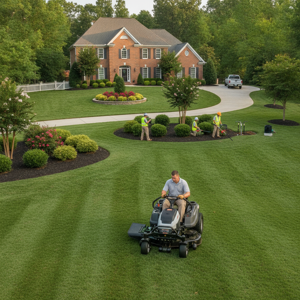 A professional lawn mower leaving clean stripes on a lush green lawn in a Charlotte, NC residential neighborhood, with a neatly edged driveway in the foreground.