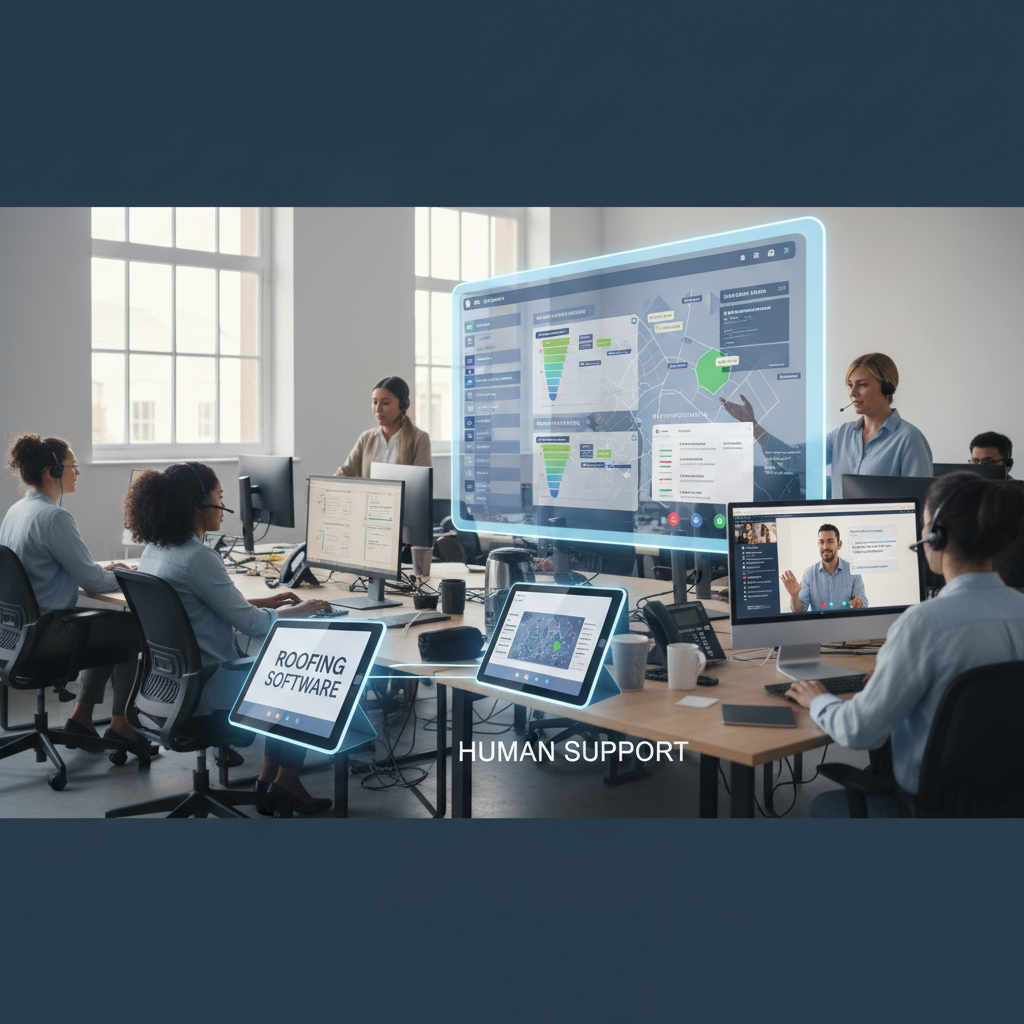 Office team managing Roofing Contractor Software on tablets and computers