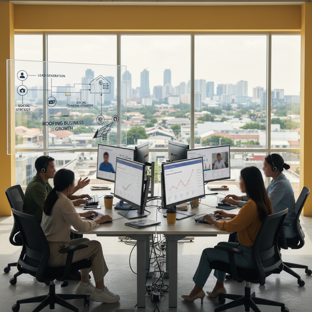 Professional virtual assistant working on roofing software