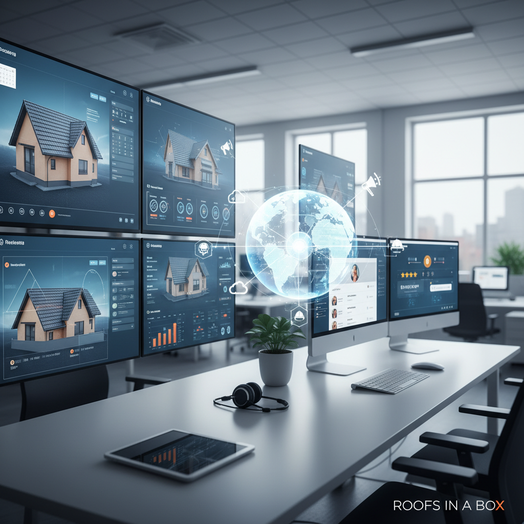 Professional virtual assistant working on roofing software at a modern desk