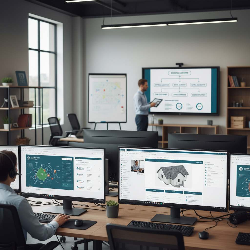 Professional roofing team reviewing digital marketing plans on a tablet.