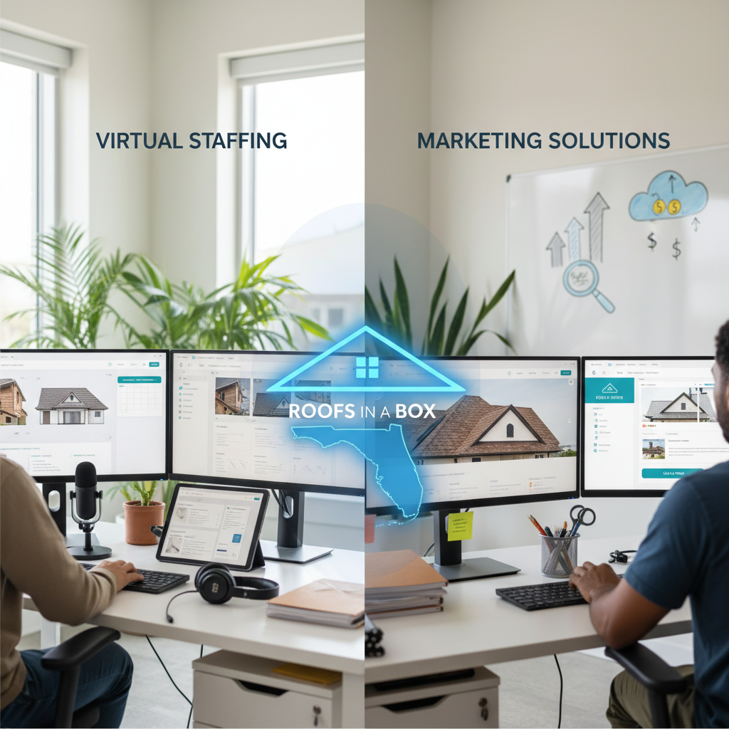 Professional roofing virtual assistant working at a desk with multiple monitors