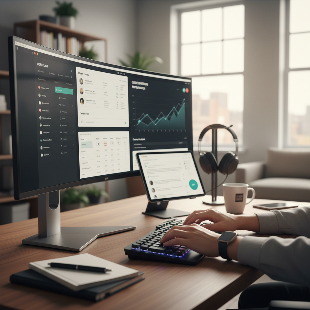 Roofing business owner reviewing digital schedules and reports on a tablet