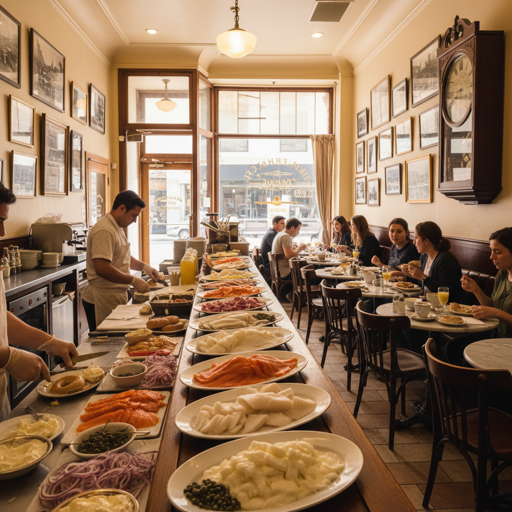 Exterior and dining area of Russ and Daughters New York NY on East Houston Street