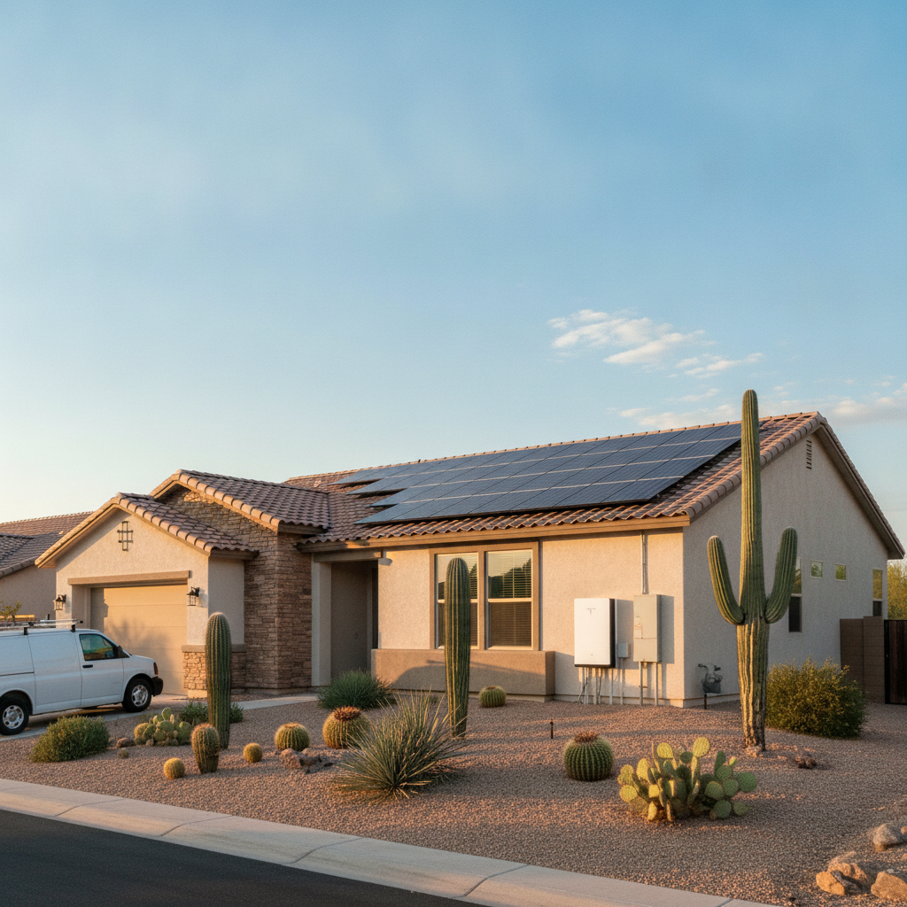 A modern residential home in Phoenix, Arizona with high-efficiency solar panels installed on the tiled roof under a clear blue sky.