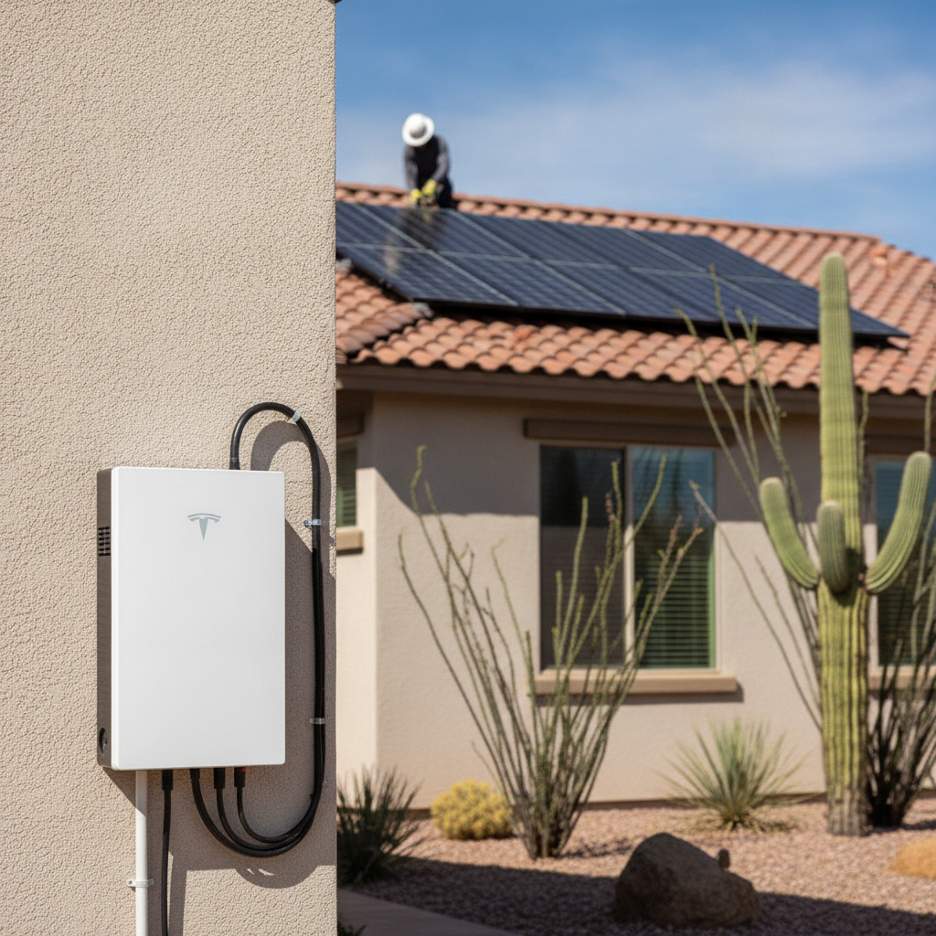 A professional solar technician installing a premium home battery storage backup system on the side of a Phoenix residence.