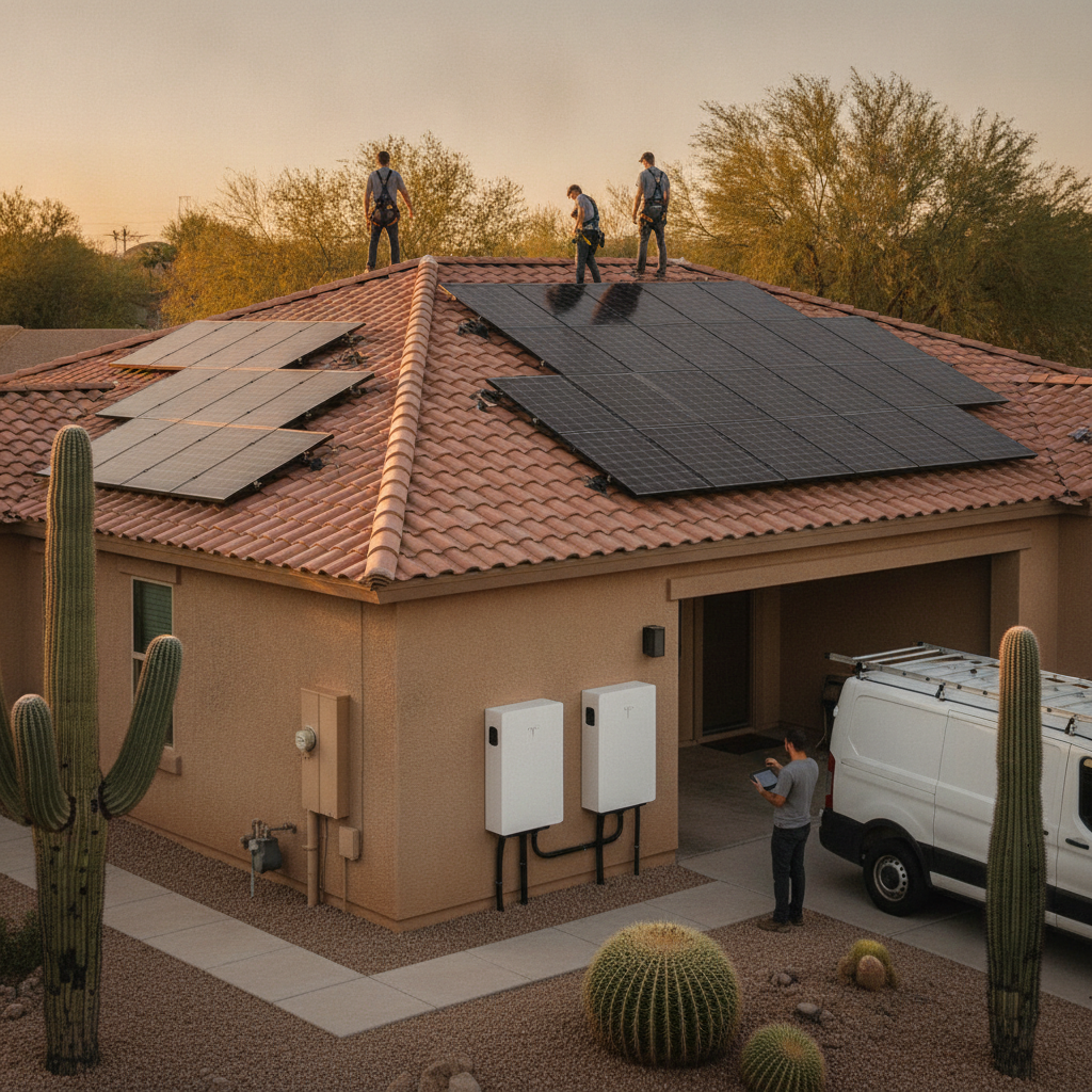 A modern Phoenix home with high-efficiency rooftop solar panels installed on a clean tile roof under a bright Arizona sky.