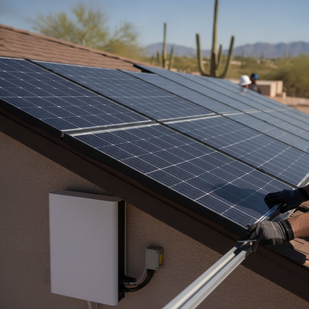 A professional solar technician installing a home battery backup system next to an electrical panel in a Phoenix garage.