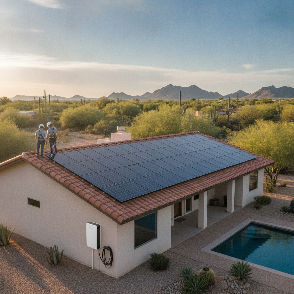 Modern residential home in Phoenix, Arizona with high-efficiency solar panels installed on the roof under a clear blue sky.