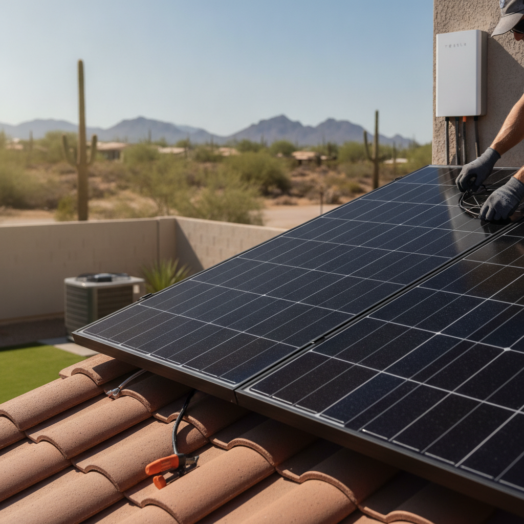 A professional solar technician inspecting a home battery backup system installed on the side of a Phoenix residence.