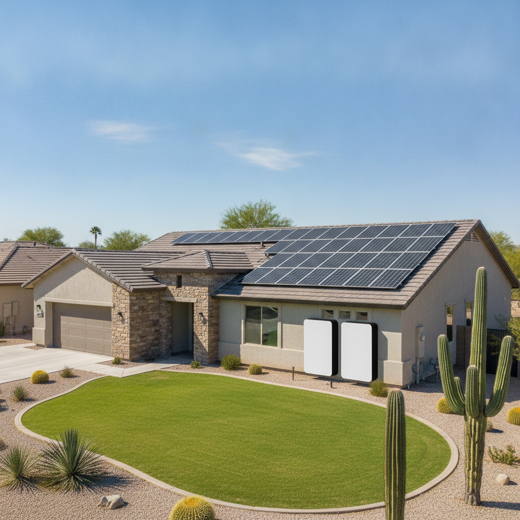 Modern residential home in Phoenix, Arizona with high-efficiency rooftop solar panels installed on a clean tile roof under a clear blue desert sky.