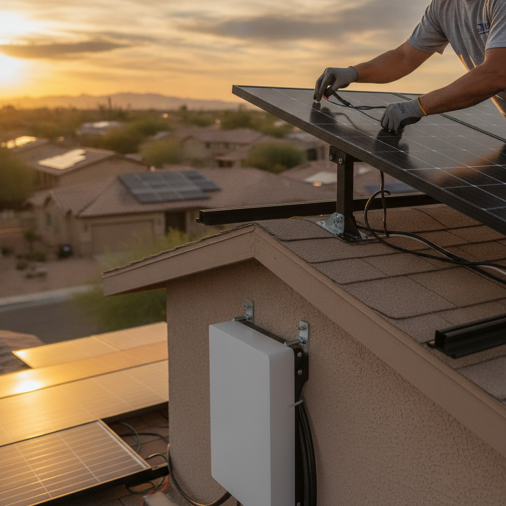 A professional solar technician securing a premium solar panel onto a heavy-duty racking system on a Phoenix home roof, with a home battery backup unit mounted on the garage wall below.
