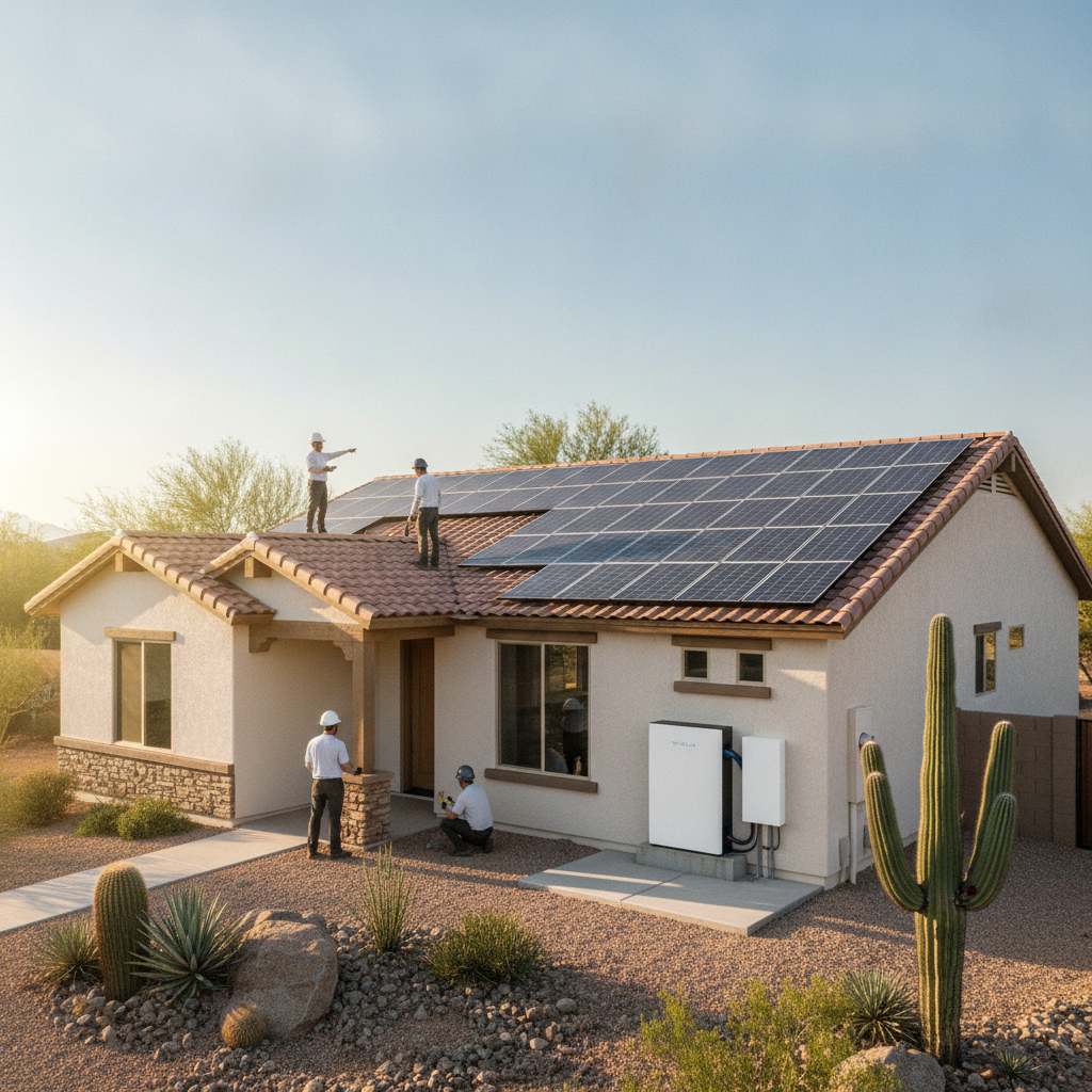 A modern residential home in Phoenix, Arizona with rooftop solar panels and a clean, wall-mounted Tesla Powerwall battery backup system installed in the garage.