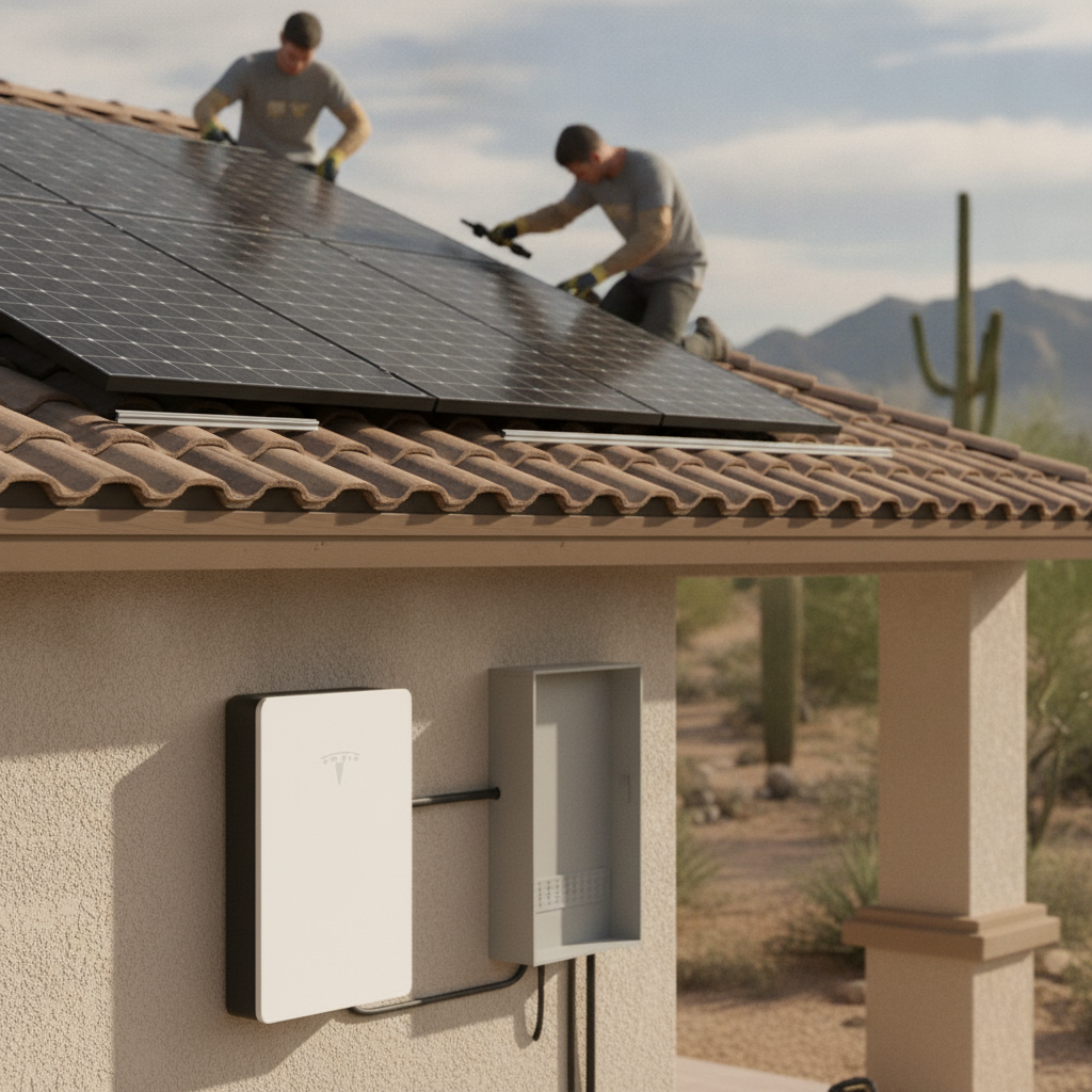 A professional solar technician installing a residential solar battery backup system on the side of a stucco home in Phoenix, AZ.