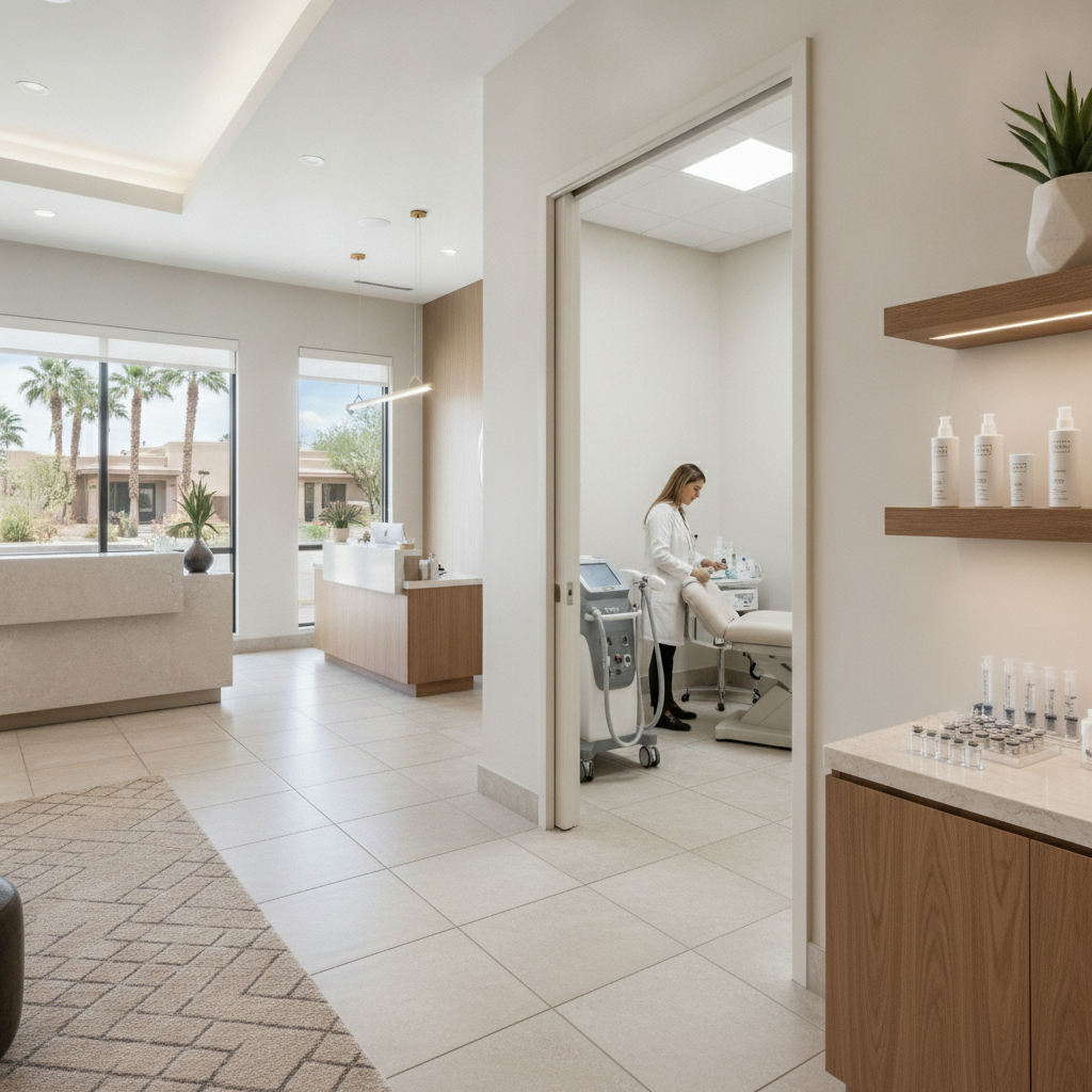 A modern, serene clinical-luxury med spa reception area in Scottsdale with soft warm lighting, minimalist decor, and clean white treatment rooms visible in the background.