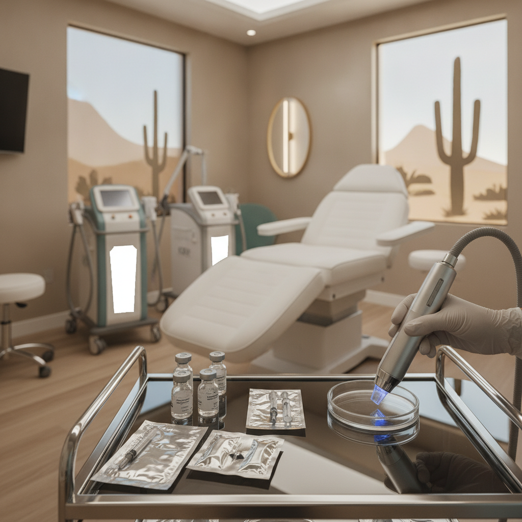 A modern, serene medical spa treatment room in Scottsdale with clean white lines, minimalist decor, a comfortable treatment chair, and soft natural light.