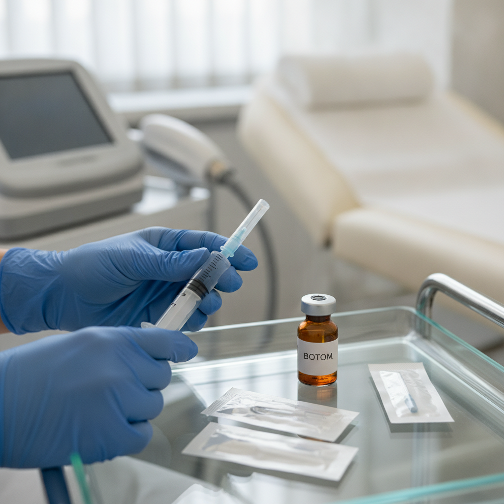 A licensed medical professional in a clean clinical setting consulting with a client, pointing to a personalized facial treatment plan on a tablet.