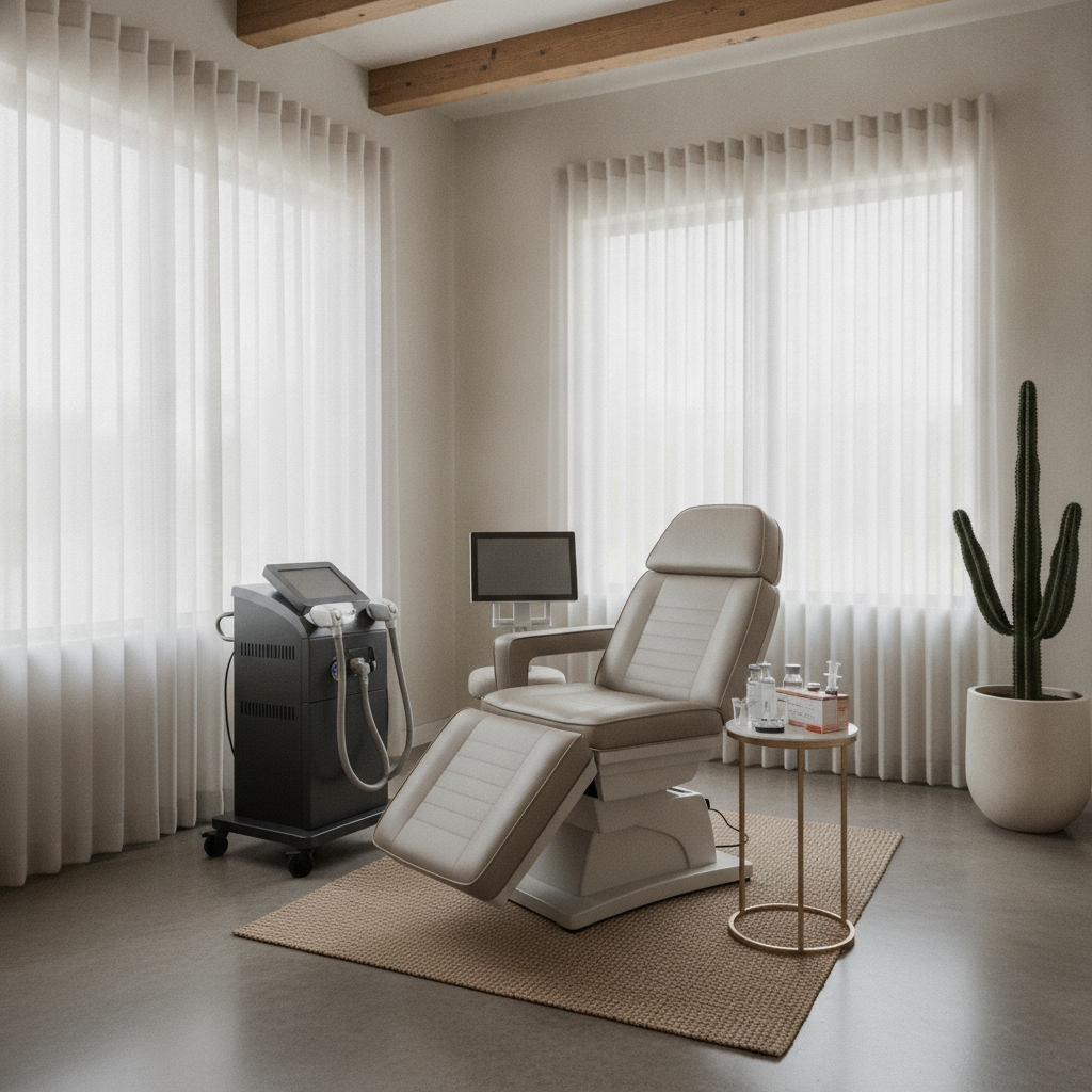 A serene, modern medical spa treatment room in Scottsdale with clean lines, soft lighting, and state-of-the-art aesthetic equipment.