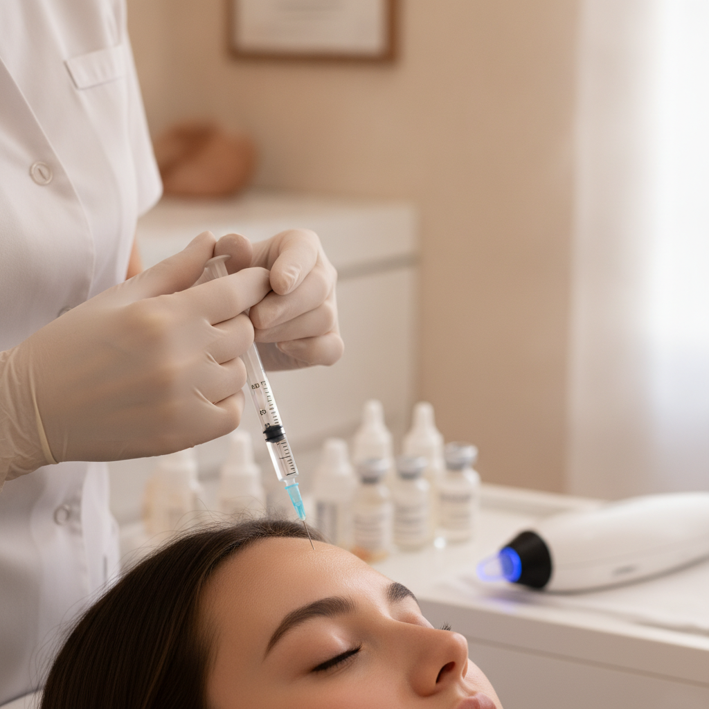 A licensed medical practitioner in professional attire gently examining a client's facial skin during a consultation in a bright, clinical-luxury office.