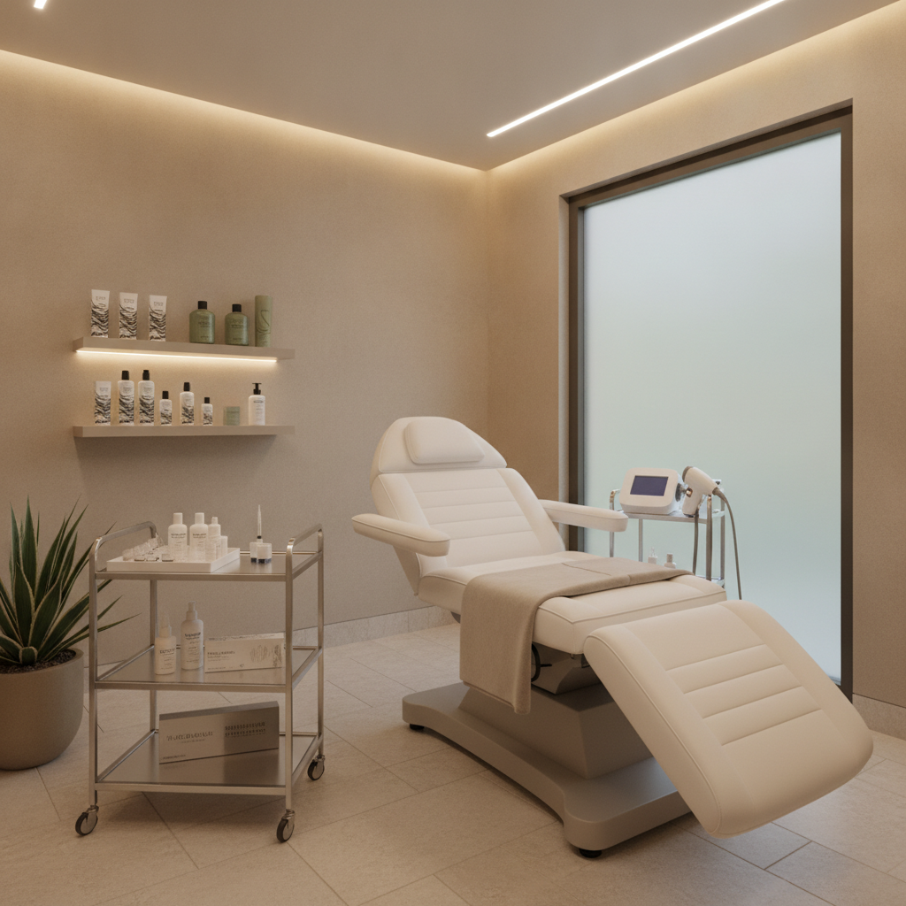 A modern, serene medical spa treatment room in Scottsdale, AZ, featuring clean lines, soft neutral tones, a comfortable clinical chair, and professional aesthetic equipment, reflecting a premium clinical luxury atmosphere.