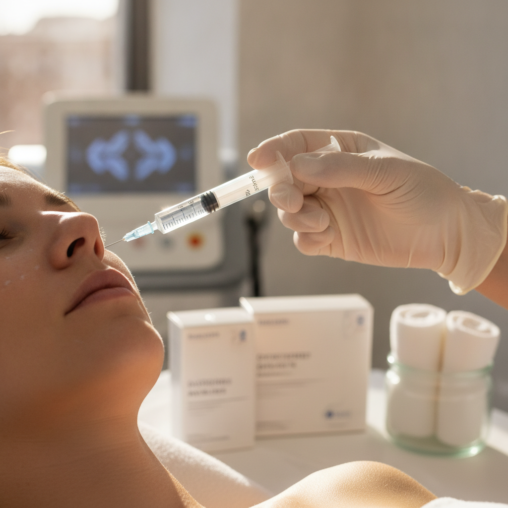A licensed medical injector in professional attire carefully consulting with a client in a bright, upscale Scottsdale clinic, pointing to a personalized facial treatment plan.