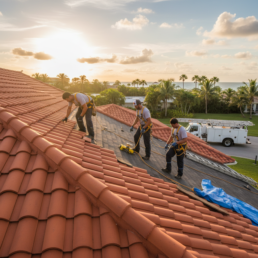 Professional roofing team from The Roofing Brothers of Naples Corp inspecting a residential roof in Bonita Springs
