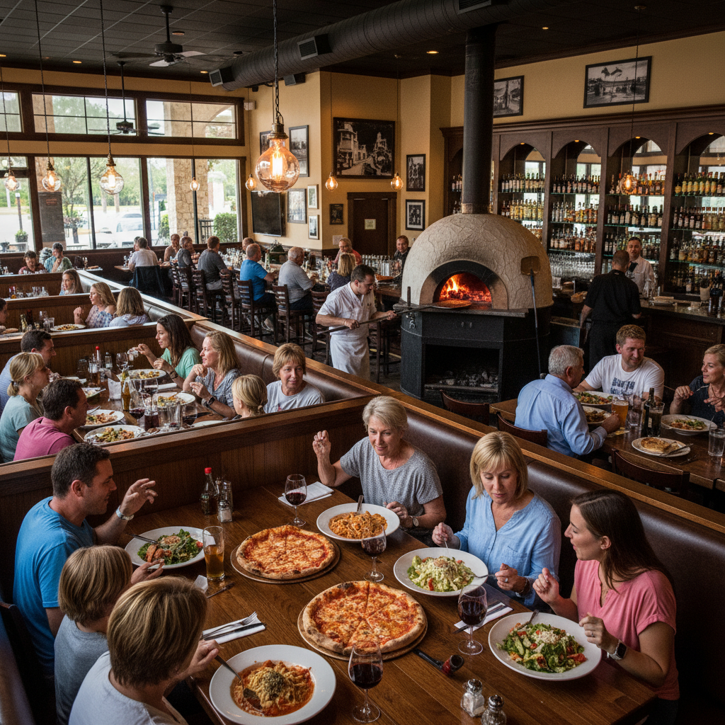 Freshly baked coal oven pizza on a wooden table at Tony Sacco's Estero