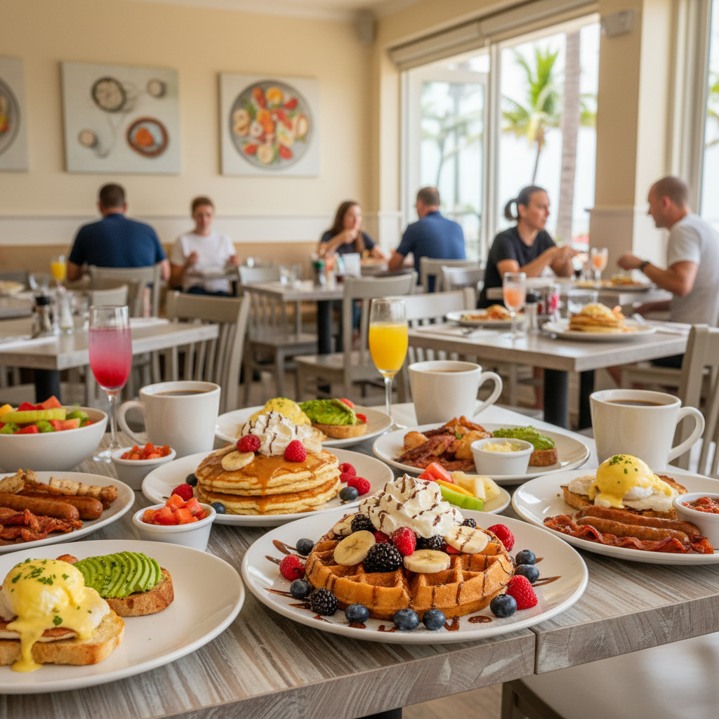 Delicious gourmet waffles and breakfast spread at Waffle Monkey Bonita Beach